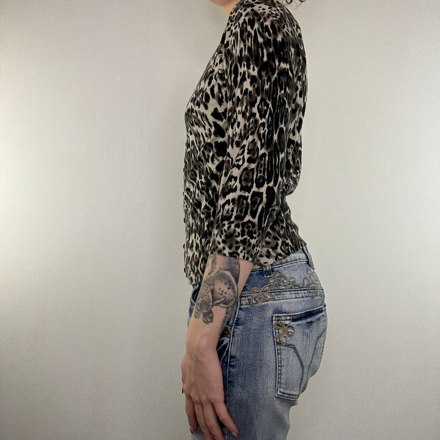 Y2K vintage leopard print cardigan button up 3/4 sleeve scoop neck fine knit