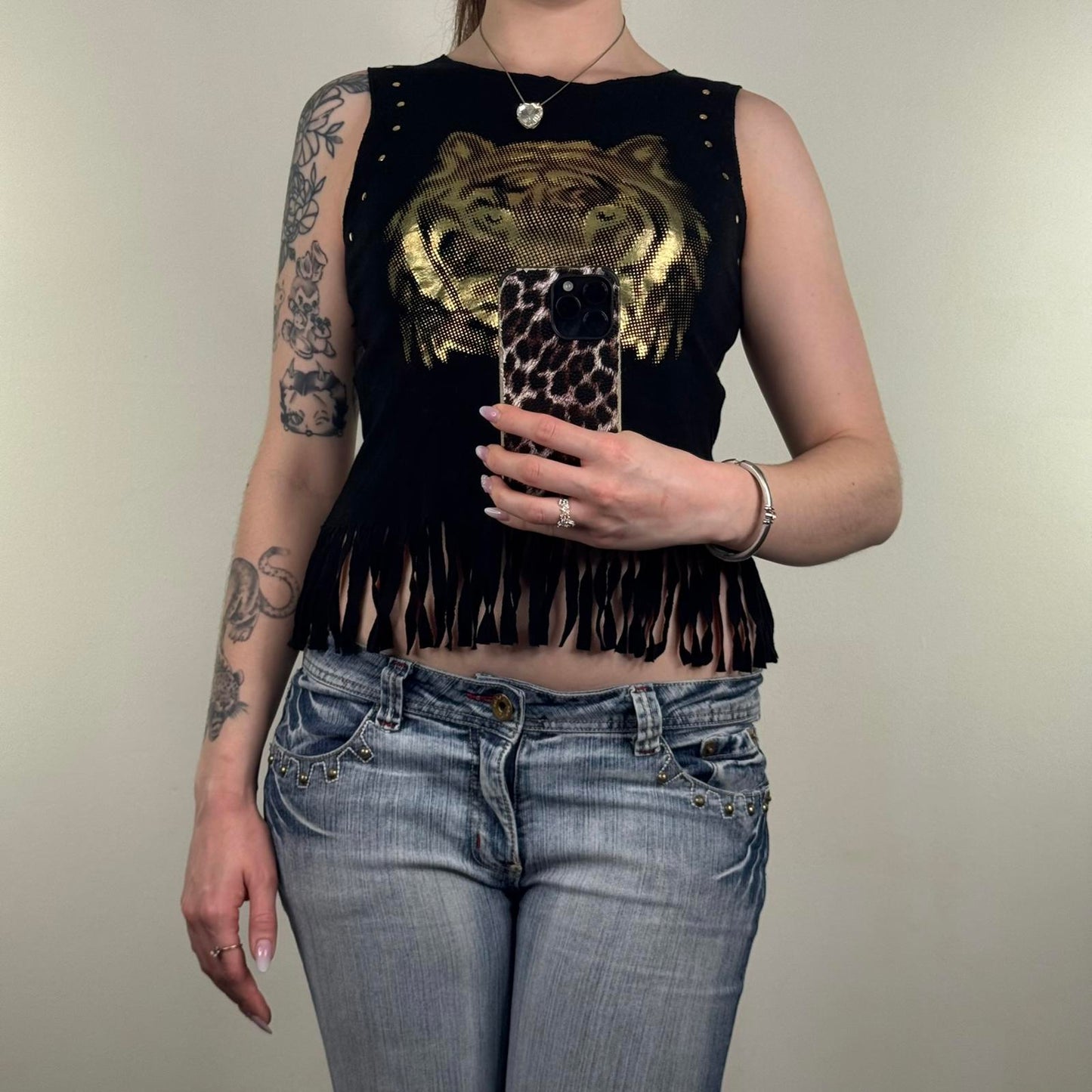 Y2K vintage Bay tank top tiger fringe gold black stretchy sleeveless top studded