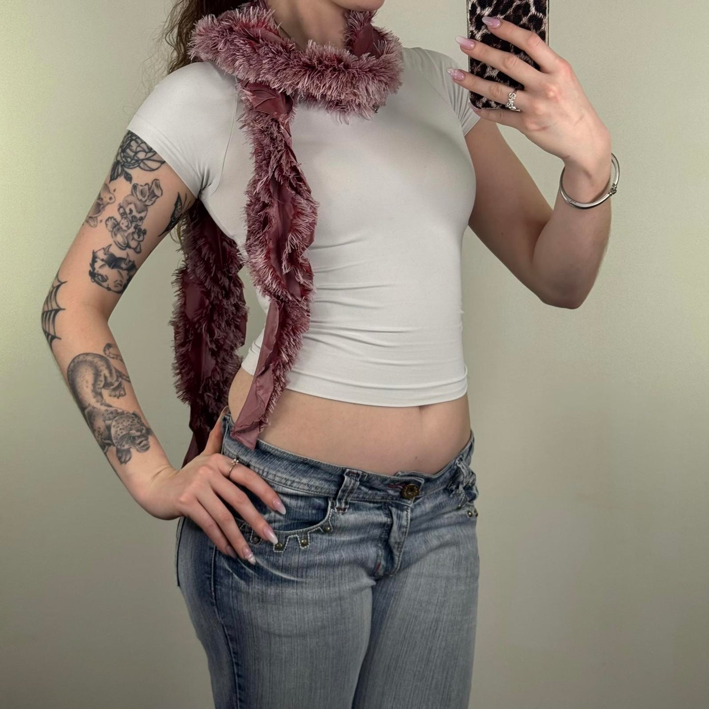 Y2K vintage crinkle fluffy scarf shaggy dark pink boho ruffle