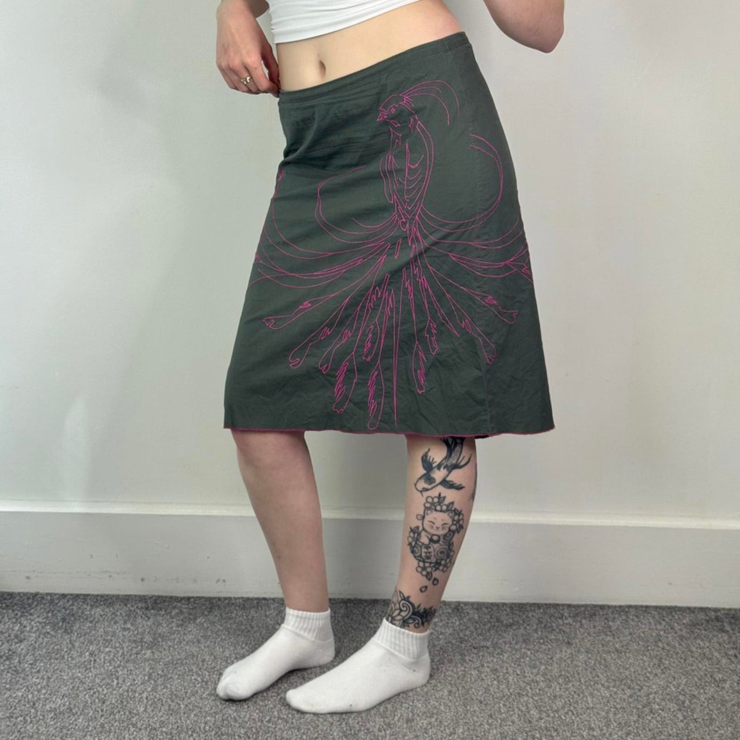 Y2K vintage bird embriodered asyemtriucal hem midi skirt stretch pink/ khaki