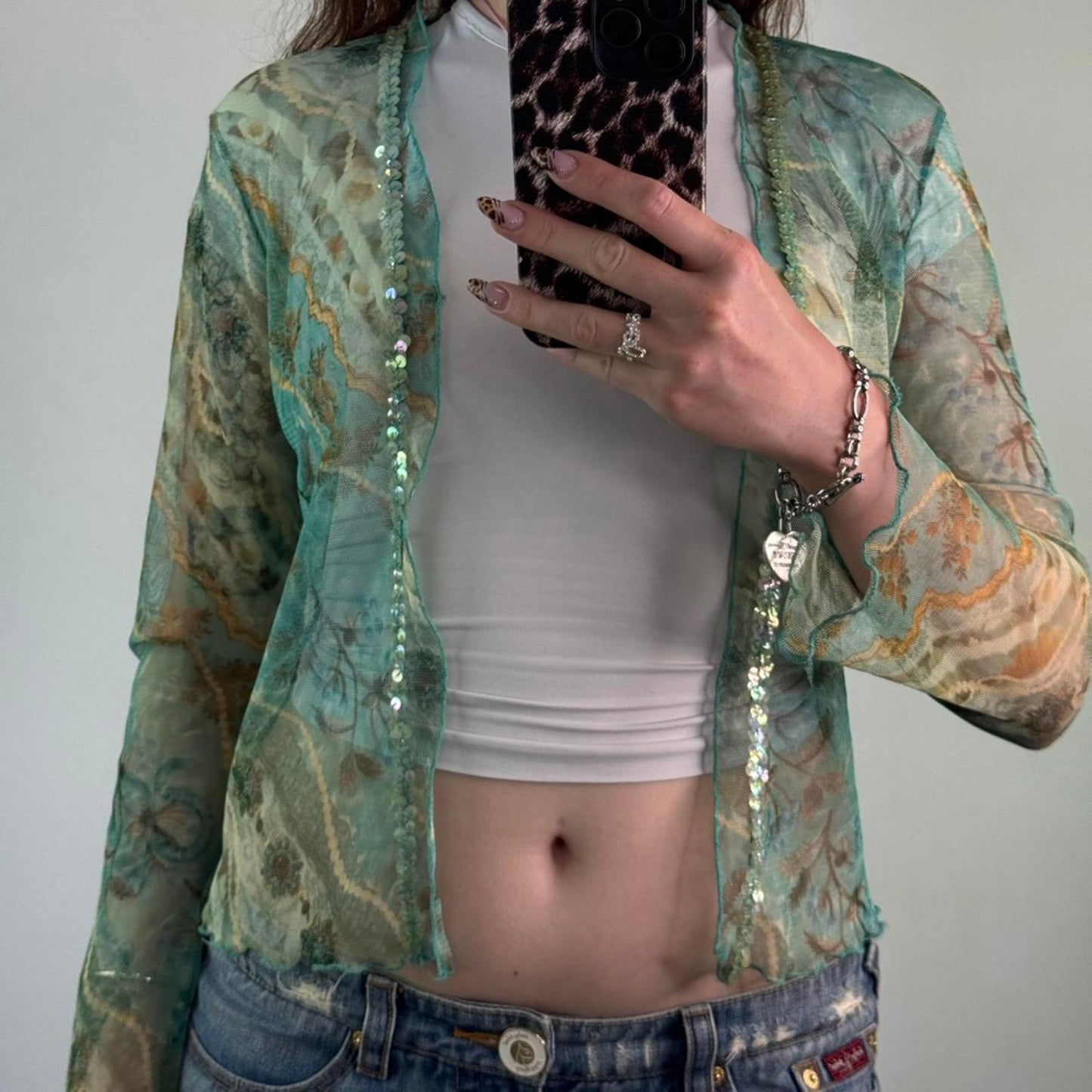 Y2K vintage mesh floral print open front cardigan long sleeve sequin