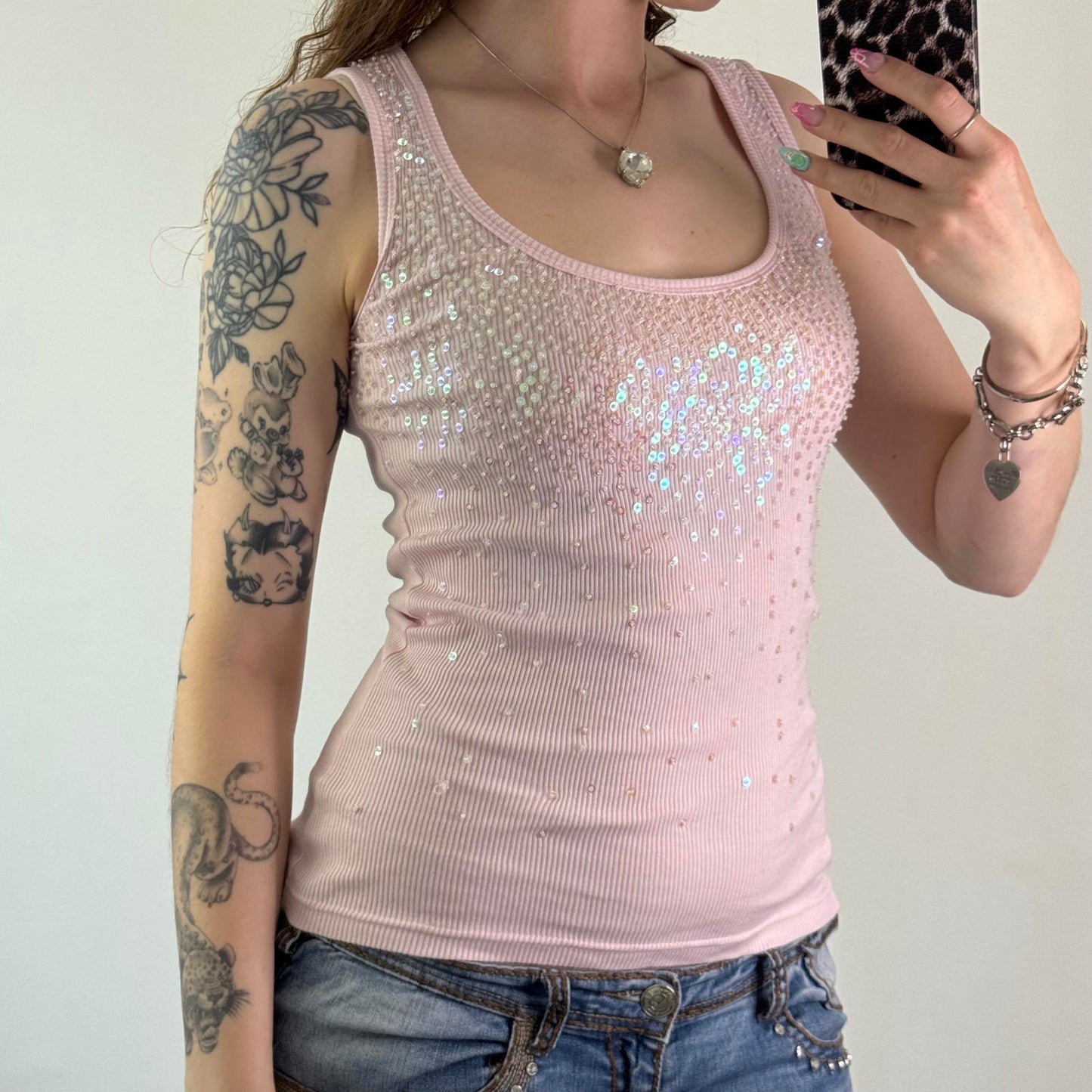 Y2K vintage sequin beaded embellished ribbed tank top round neckline baby pink