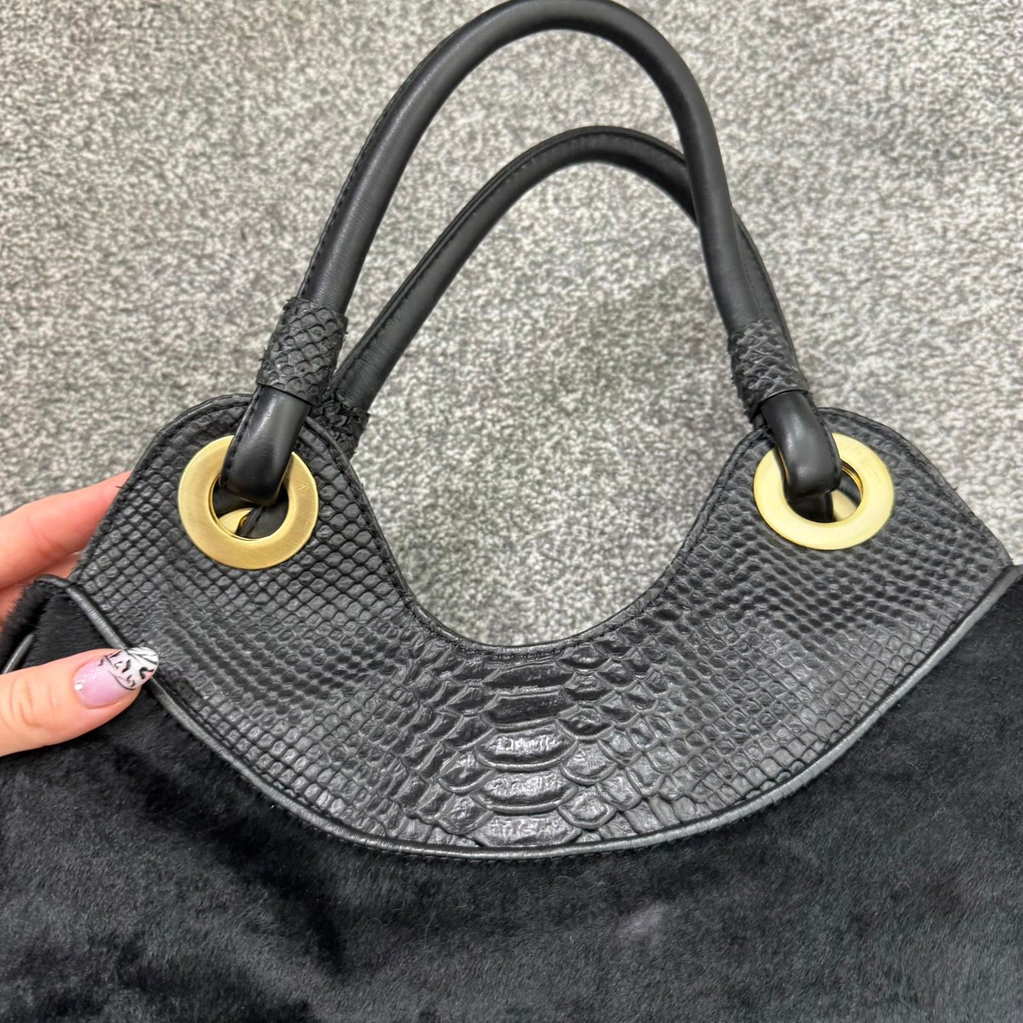 Y2K vintage genuine pony fur leather shoulder bag handbag croc print black gold