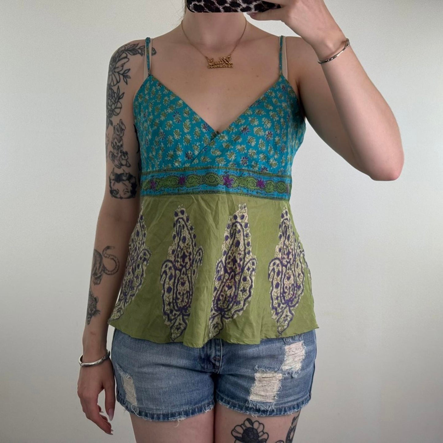 Y2K vintage 100% silk paisley cami top v neck strappy green blue lightweight
