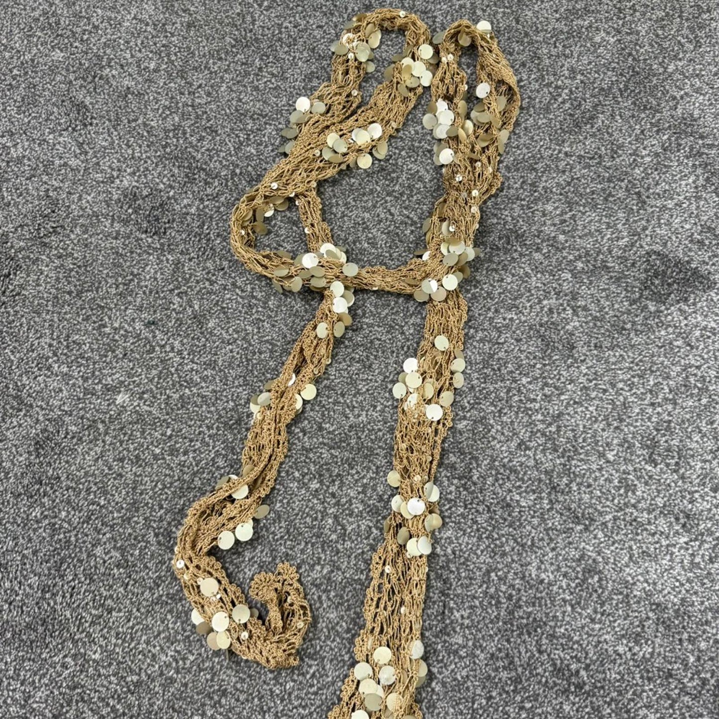 Y2K vintage crochet skinny scarf sequin gold knit thin