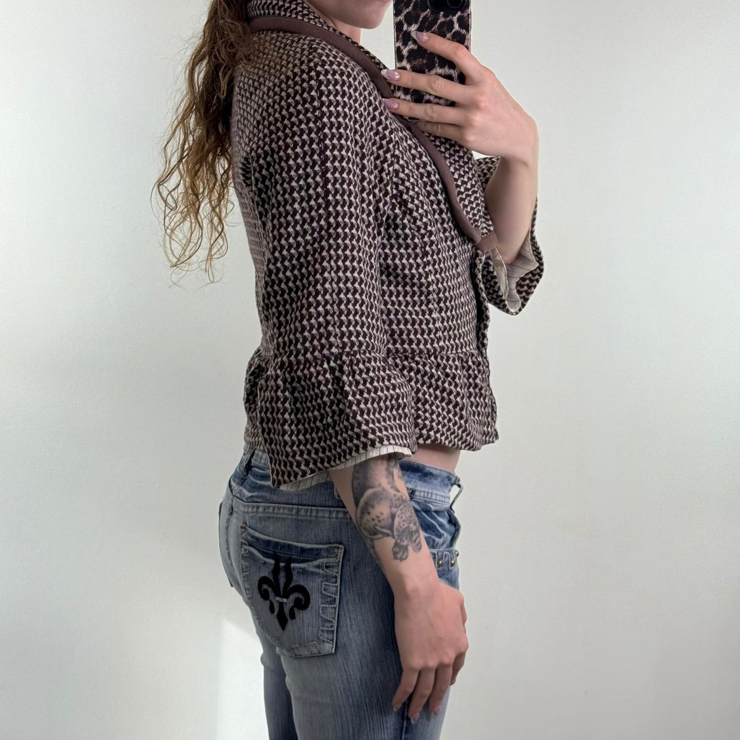 Y2K vintage wool blend cropped jacket frill flare hem v neck tailored pea