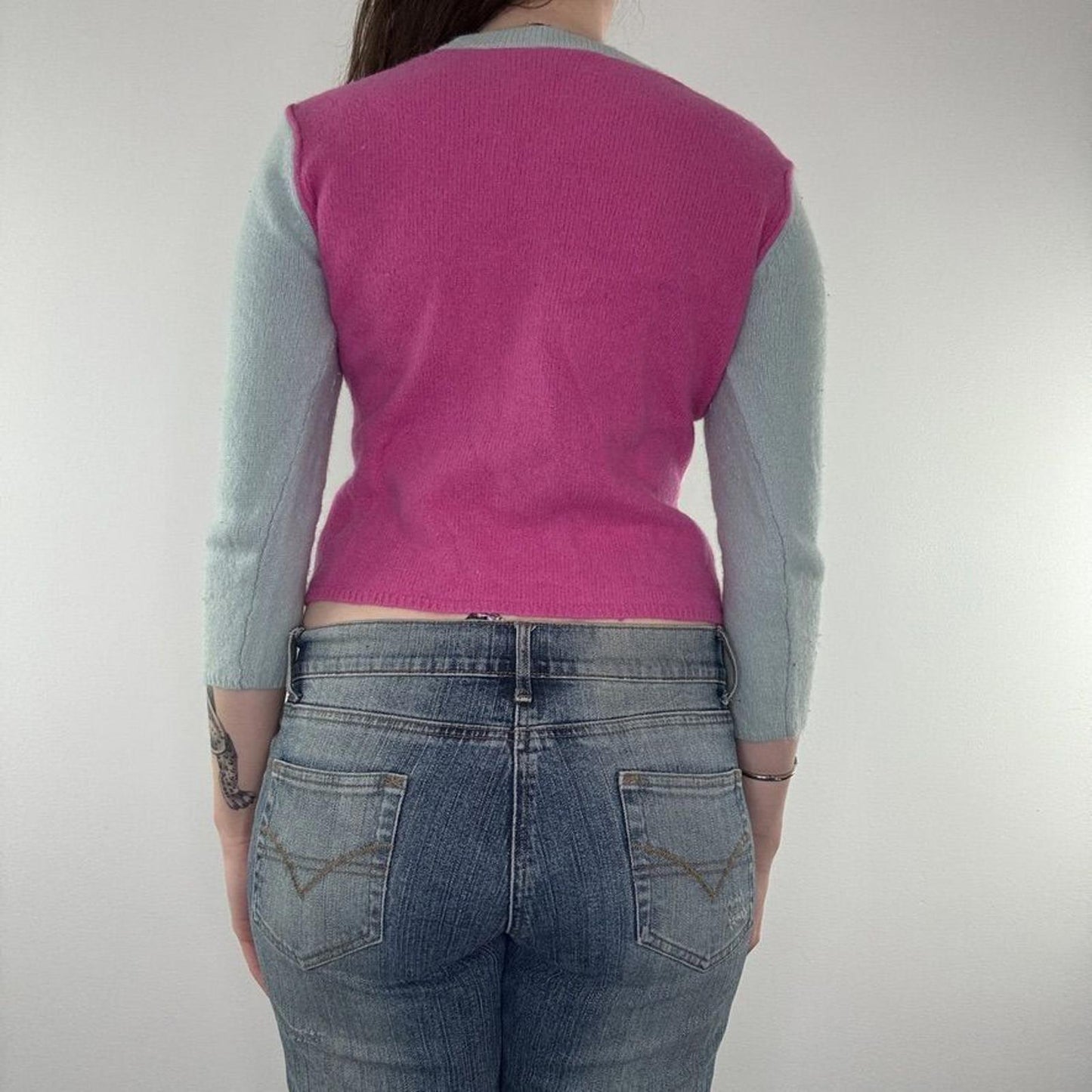 Y2K vintage wool stripe cherry jumper pastel block colours 3/4 sleeve knit