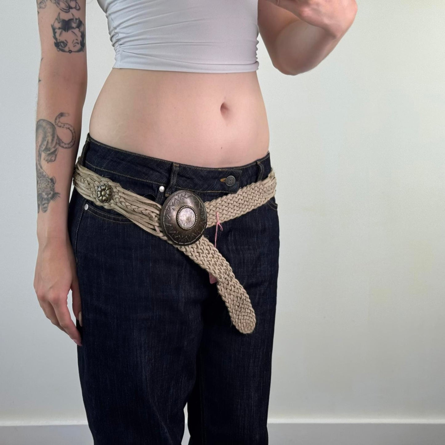 Y2K vintage woven braided disc belt buckle beige clover