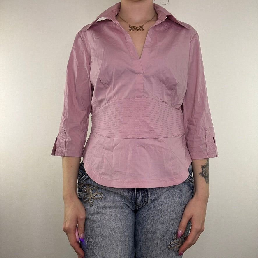 Y2K vintage fitted blouse shirt stretchy collared office v neck work 3/4 sleeve