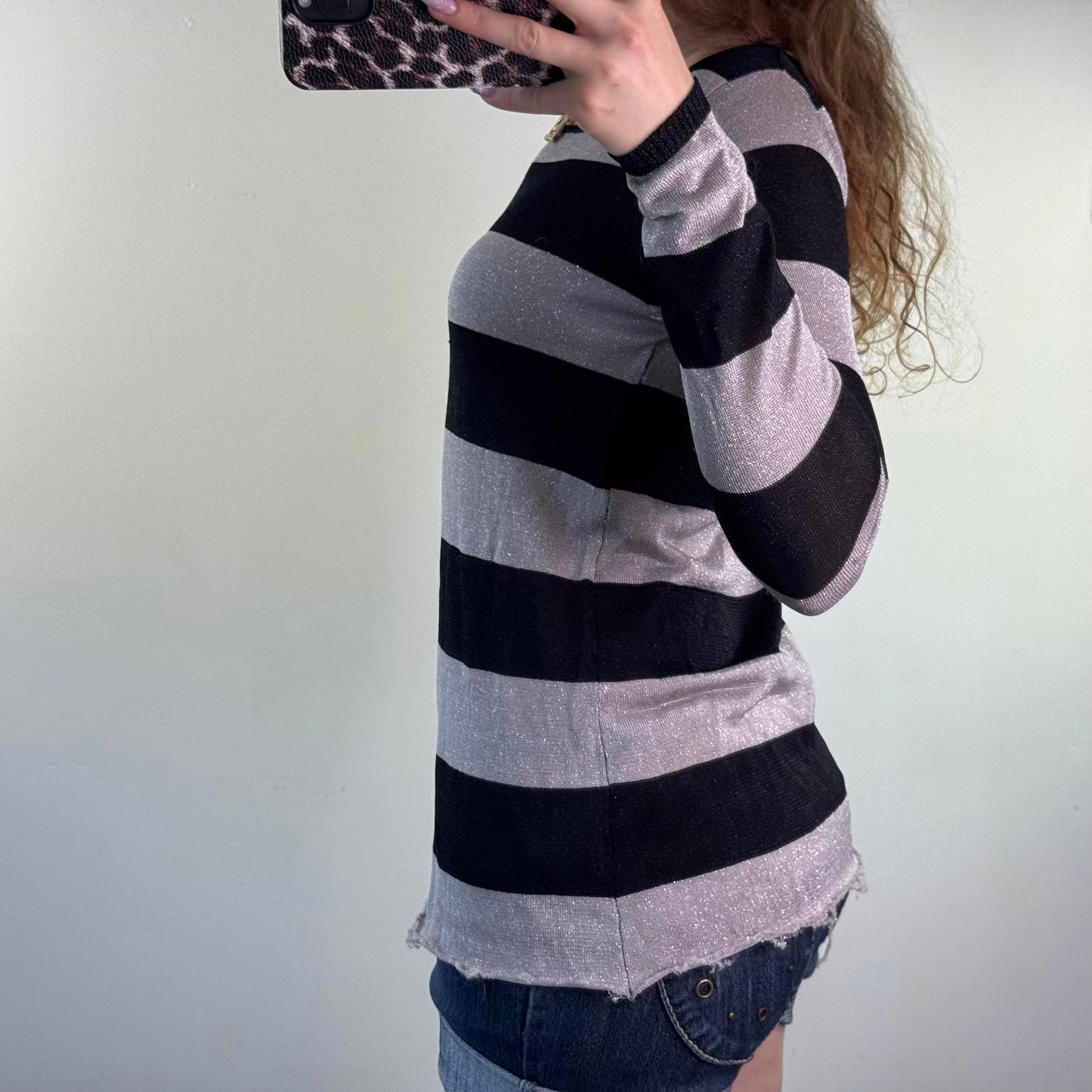 Y2K vintage fine knit stripe sparkly jumper black silver glitter