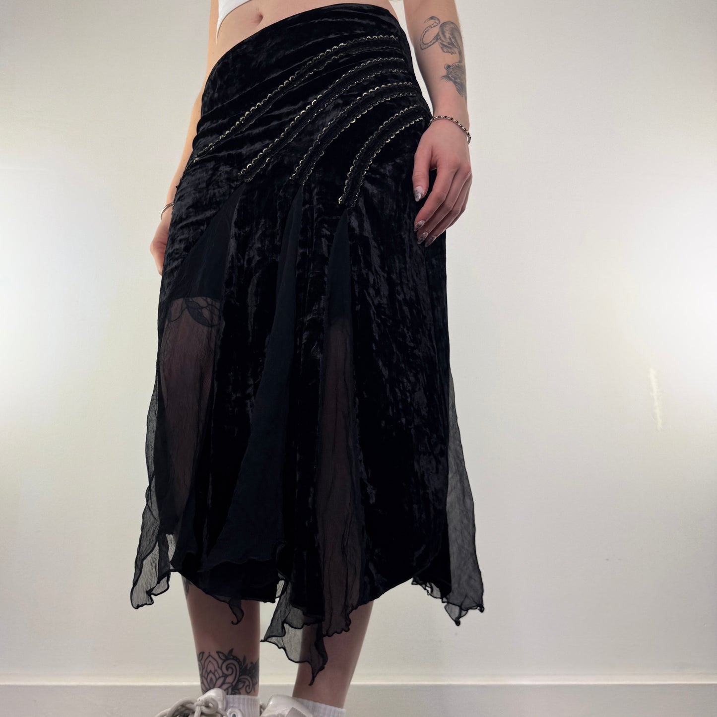 Y2K vintage asymmetrical mesh velvet midi skirt
