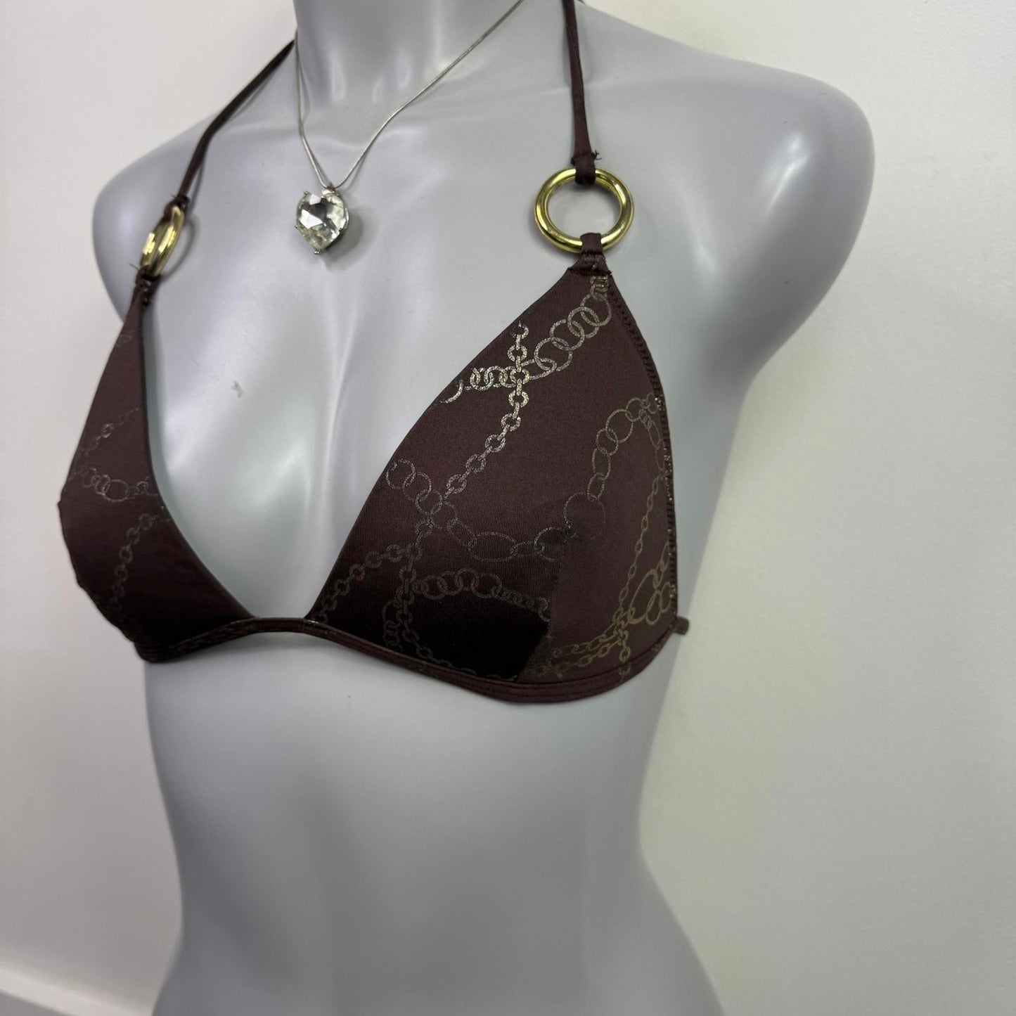 Y2K vintage halter neck bikini top o ring chain buckle pattern lightly padded