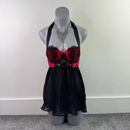 Ann Summers sample piece babydoll halter neck floral red black mesh padded satin