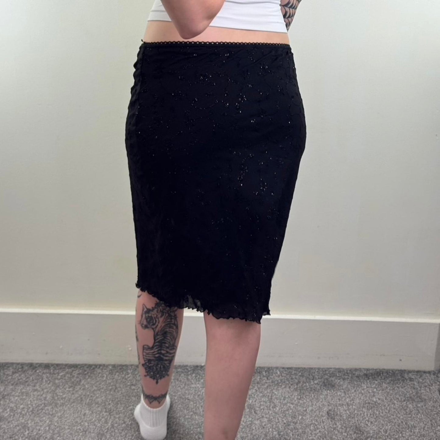 Y2K vintage Bay sparkly glitter midi skirt stretchy low rise bow floral