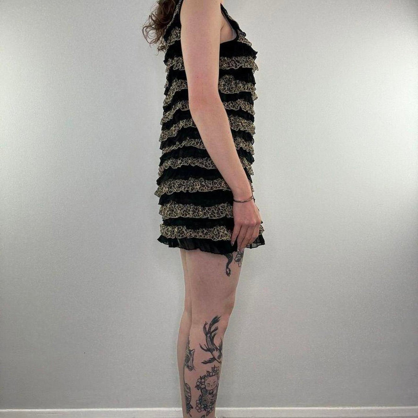 Y2K vintage leopard print sparkly frilly mini dress tiered round neck black