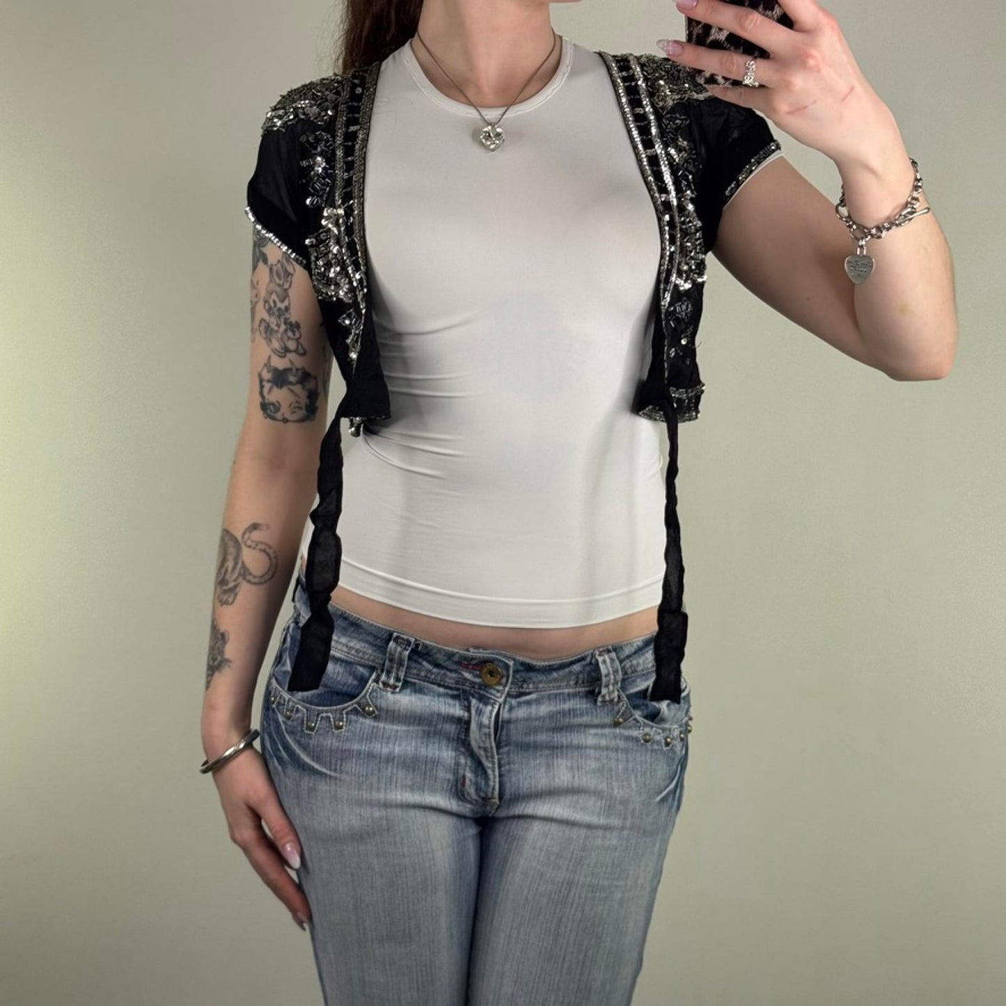 Y2K vintage 100% pure silk cropped bolero cardigan shawl sequin bow sheer v neck