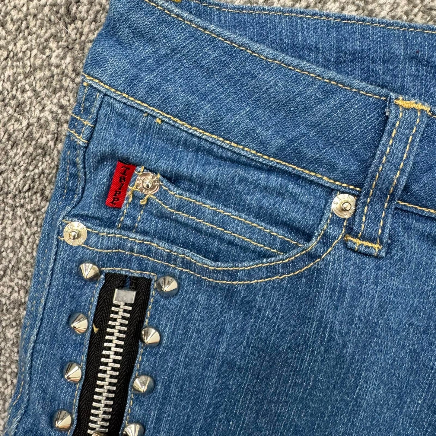Tripp NYC low rise denim mini shorts studded zipper blue wash stretchy micro