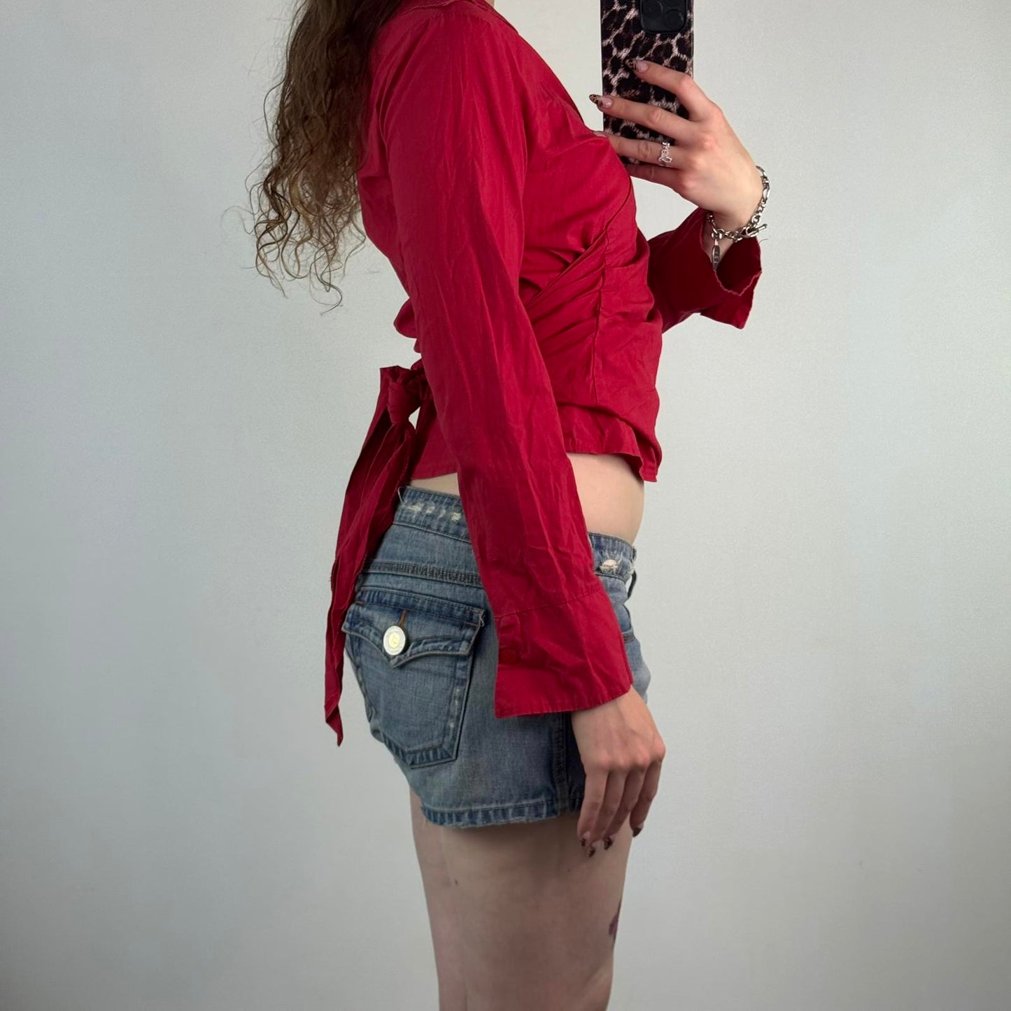 Y2K vintage red ruched long sleeve blouse shirt tie adjustable bow stretchy