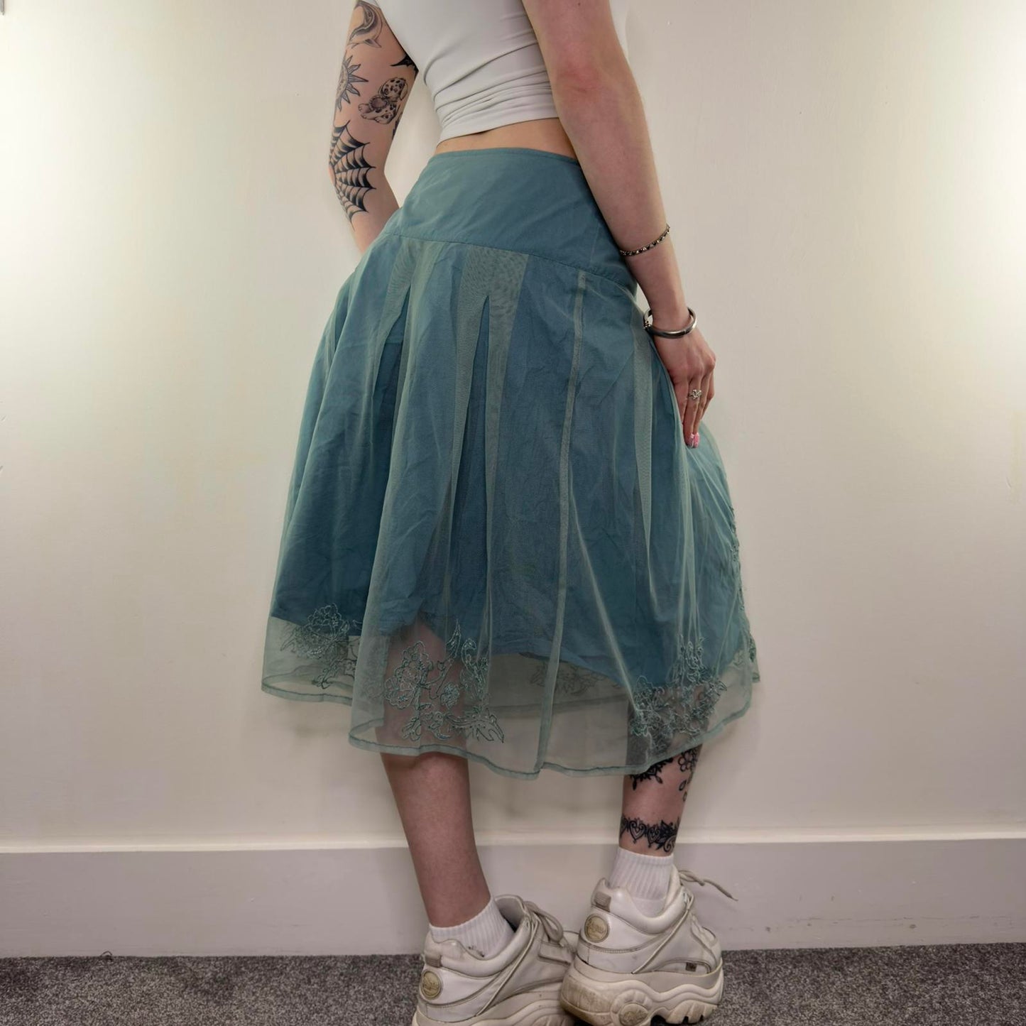 Y2K vintage mesh fishnet double layered midi skirt a line floral embroidered