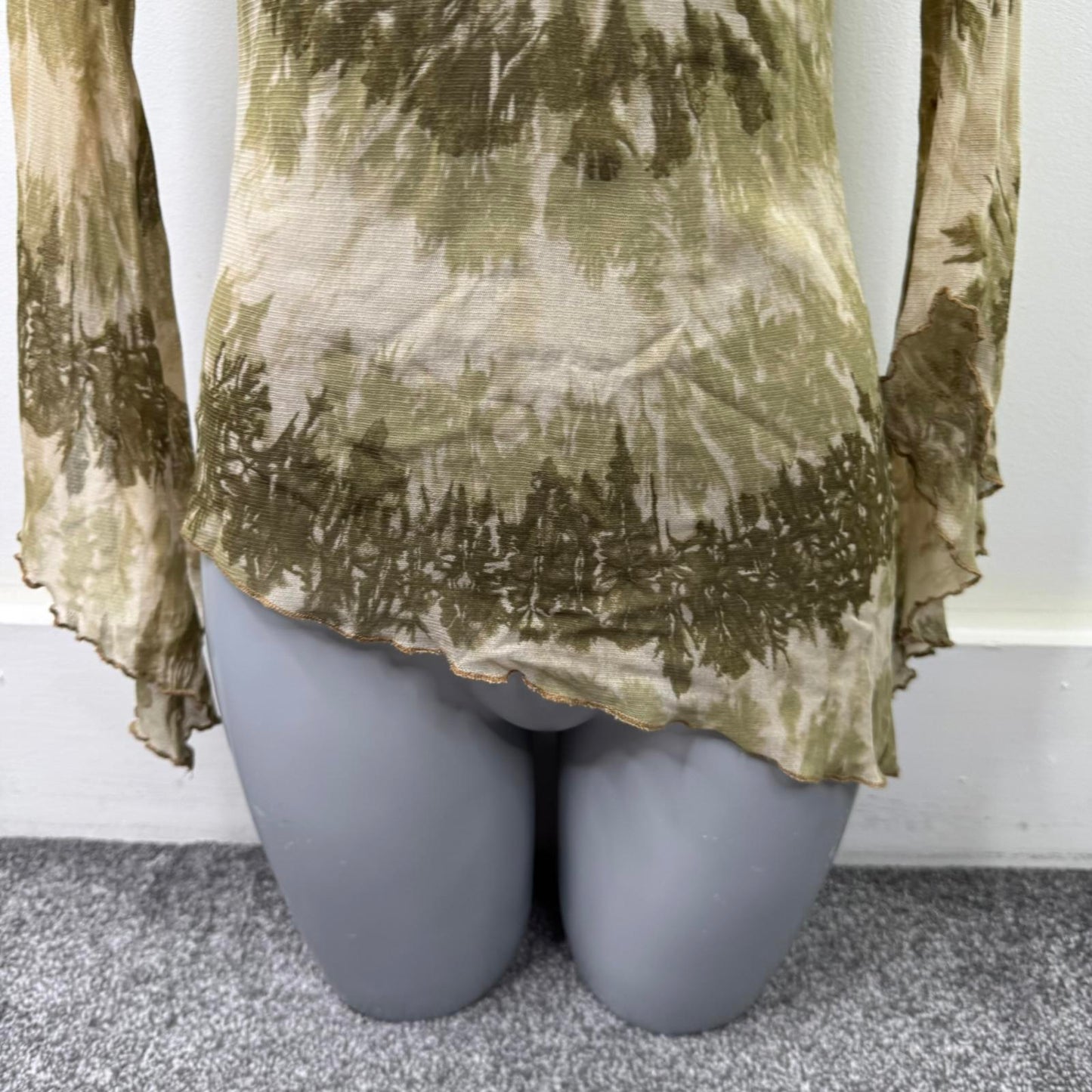 Y2K vintage tie dye mesh long flare sleeve top asymmetrical hem bow lettuce boho