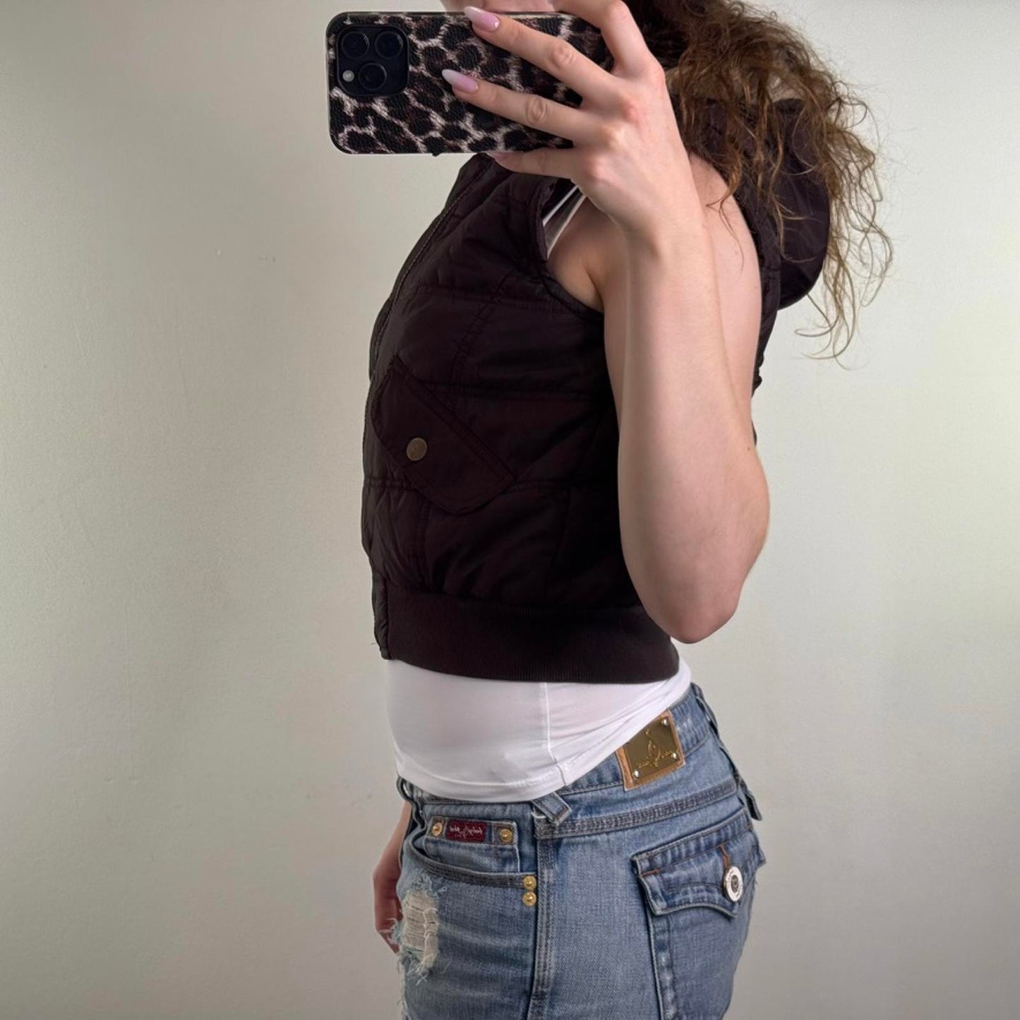 Y2K vintage lightweight puffer gilet sleeveless jacket faux fur trim hood zip up