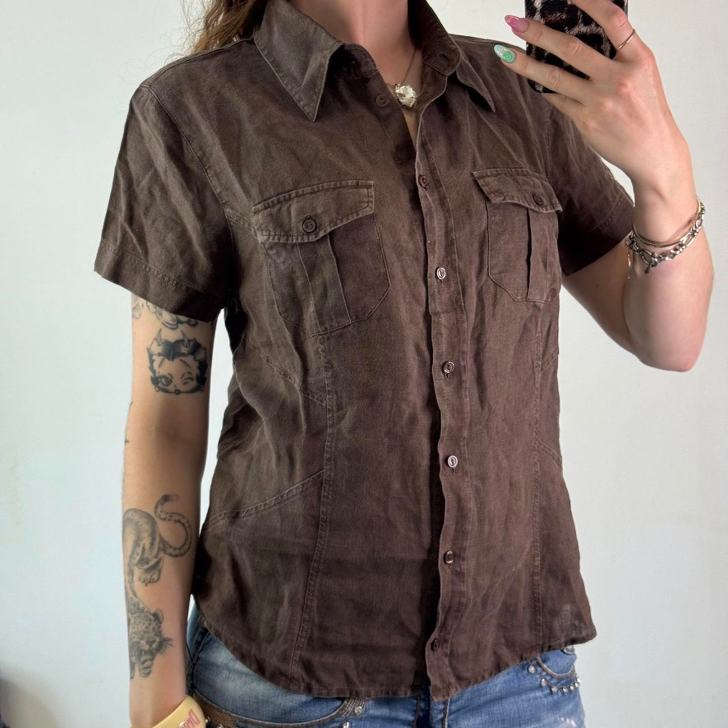 Y2K vintage 100% linen button up short sleeve shirt blouse cargo pockets