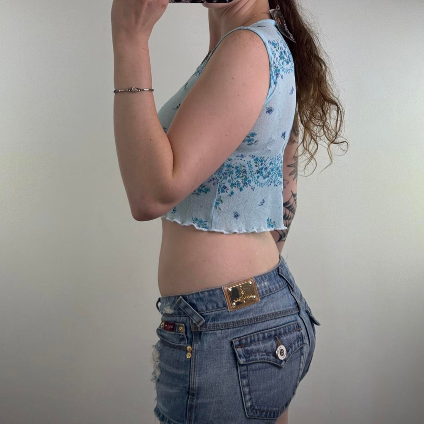 Y2K vintage mesh floral crop top lettuce hem sheer round neck ditsy flowers