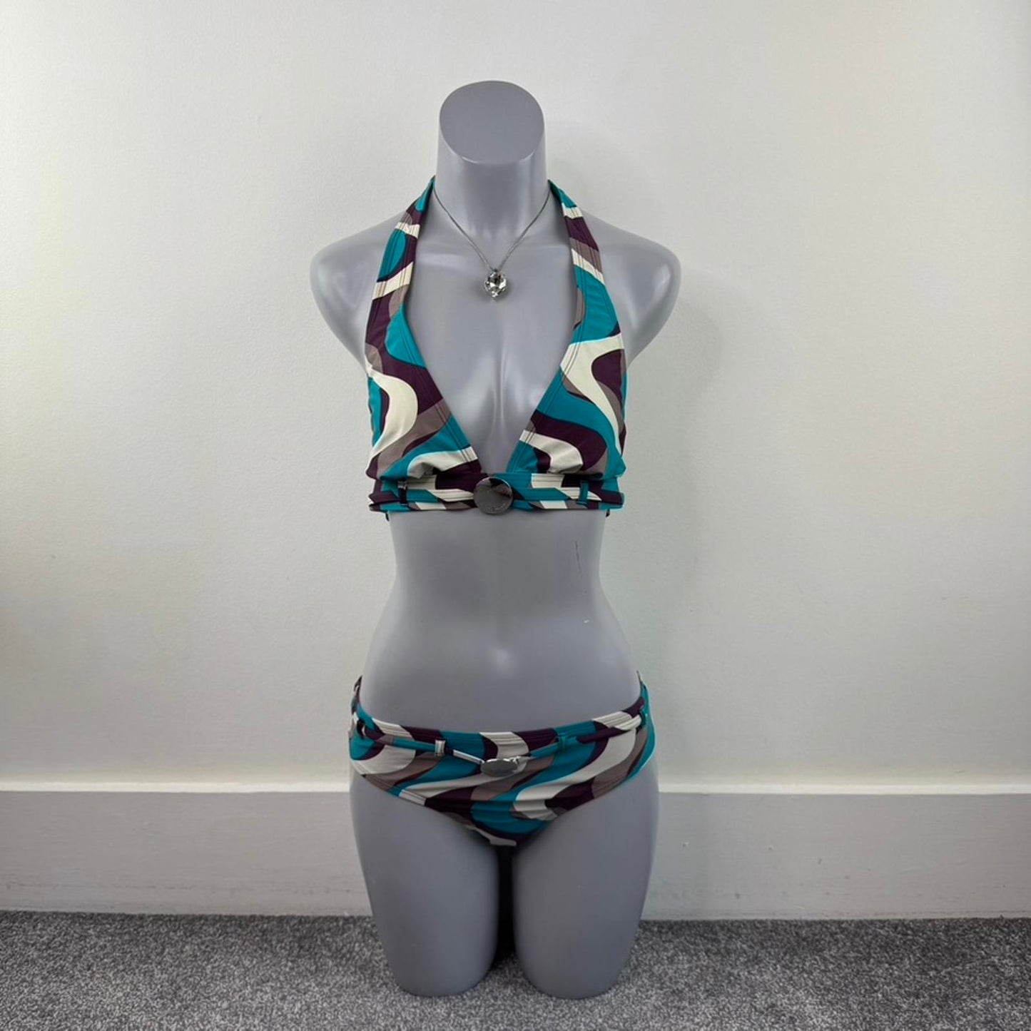 Y2K vintage swirly matching halter neck bikini set swimwear funky pattern