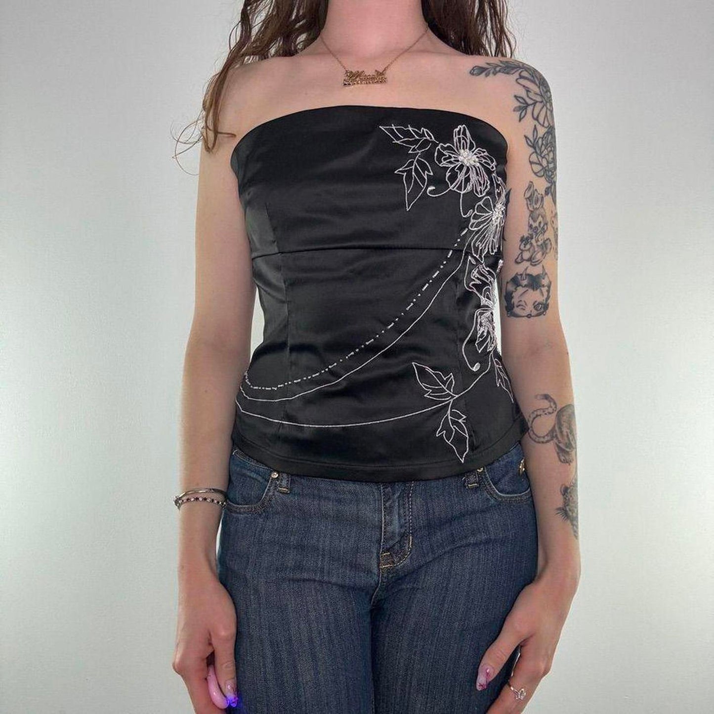 Y2K vintage Jane Norman satin floral strapless top sequin embroidery