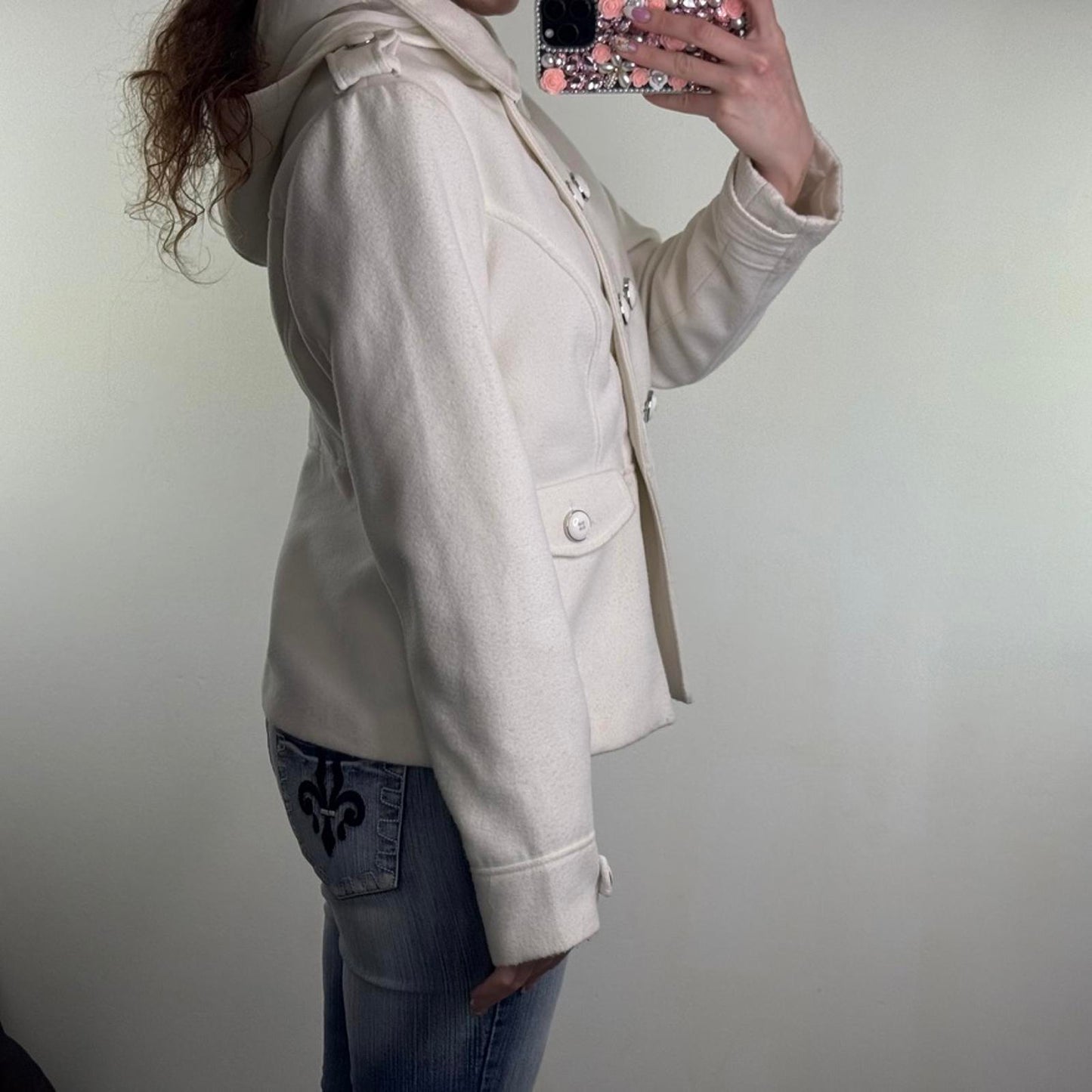 Y2K vintage wool blend pea coat button hood military short jacket