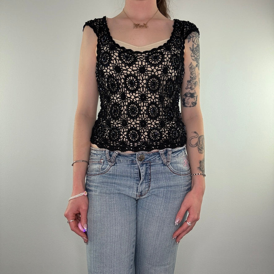 Y2K crochet beaded cap sleeve top