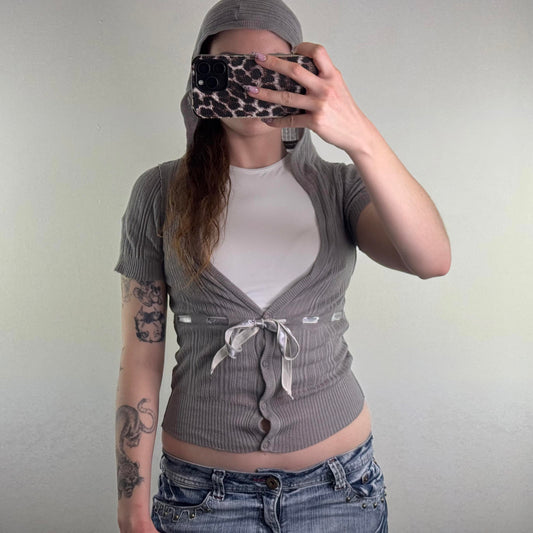 Y2K vintage fine knit short sleeve hoodie bow deep v neck low cut button up