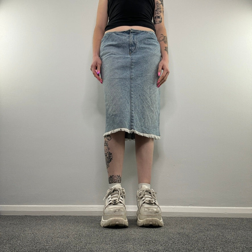 Y2K denim fraying midi skirt