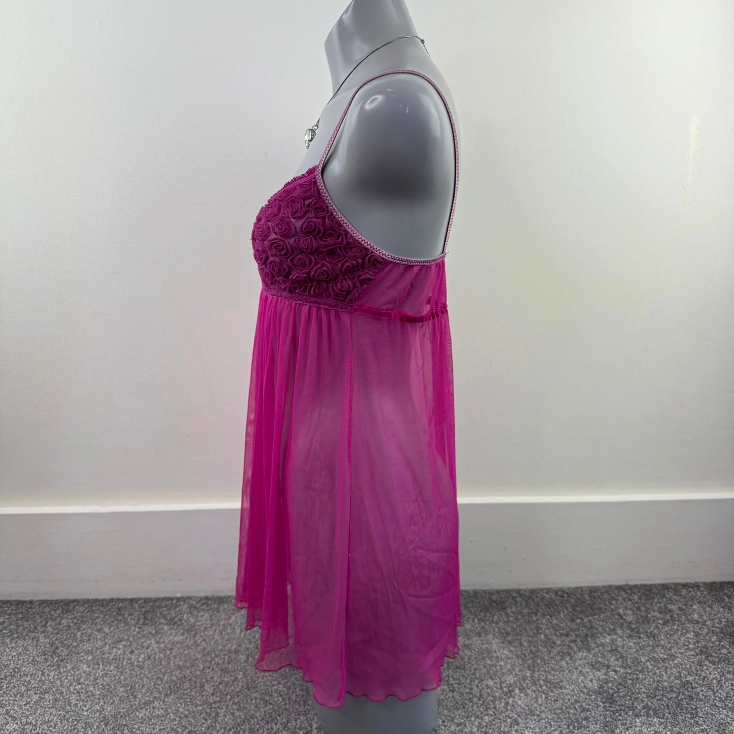 Y2K vintage mesh sheer babydoll pink dress strappy 3D rose floral mini short