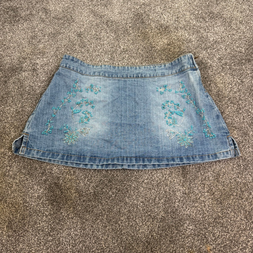 Y2K vintage low rise denim mini skirt floral beaded faded denim a line