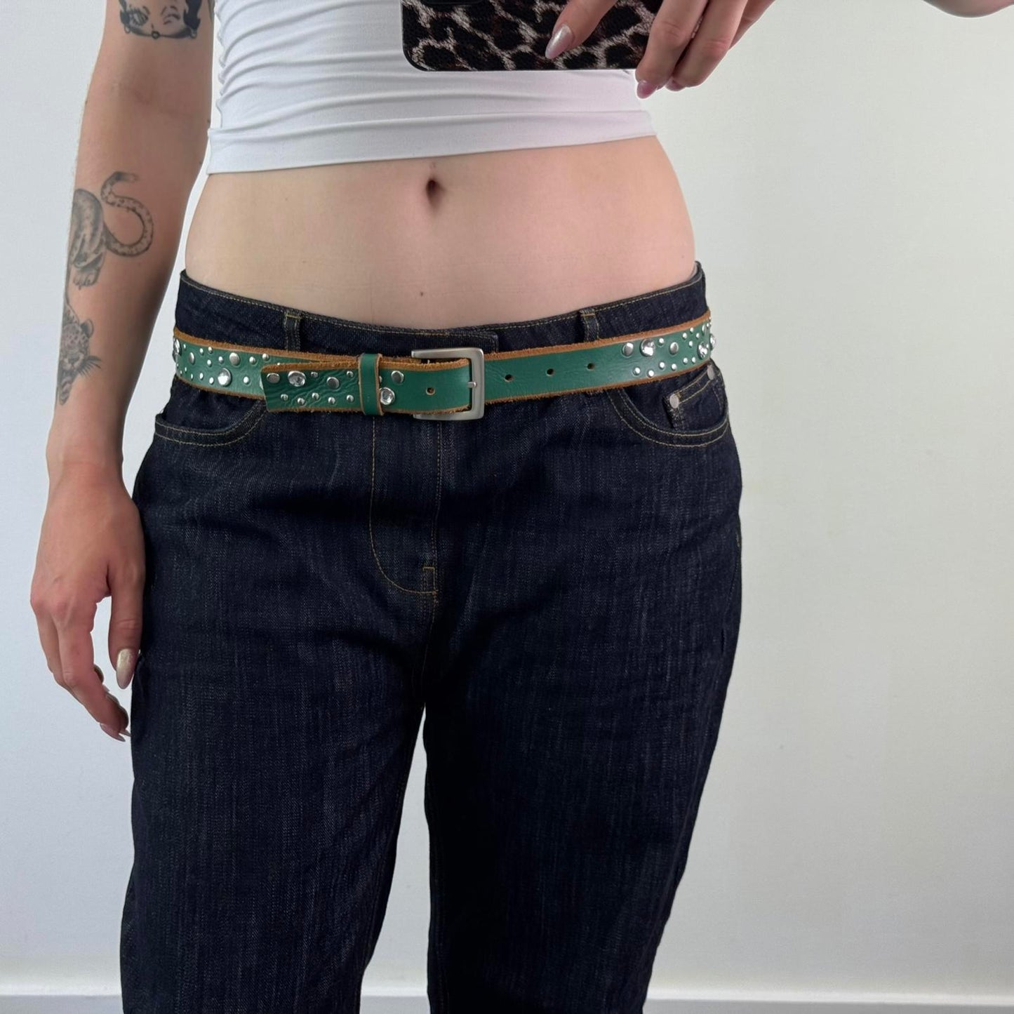 Y2K vintage studded rhinestone belt faux leather green silver embellished