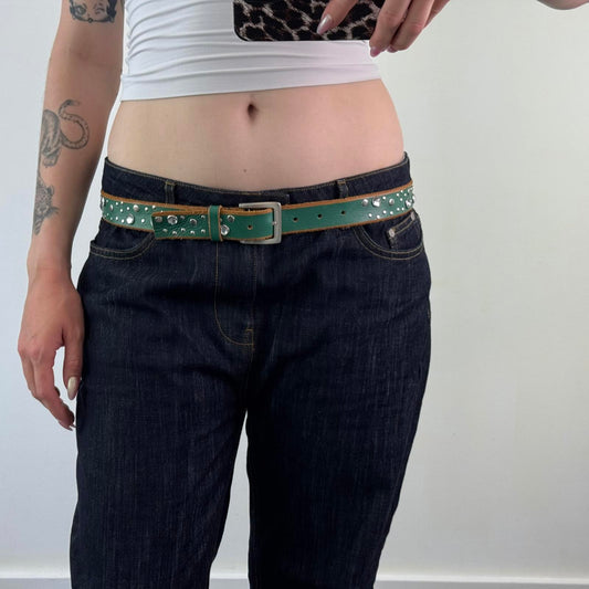 Y2K vintage studded rhinestone belt faux leather green silver embellished