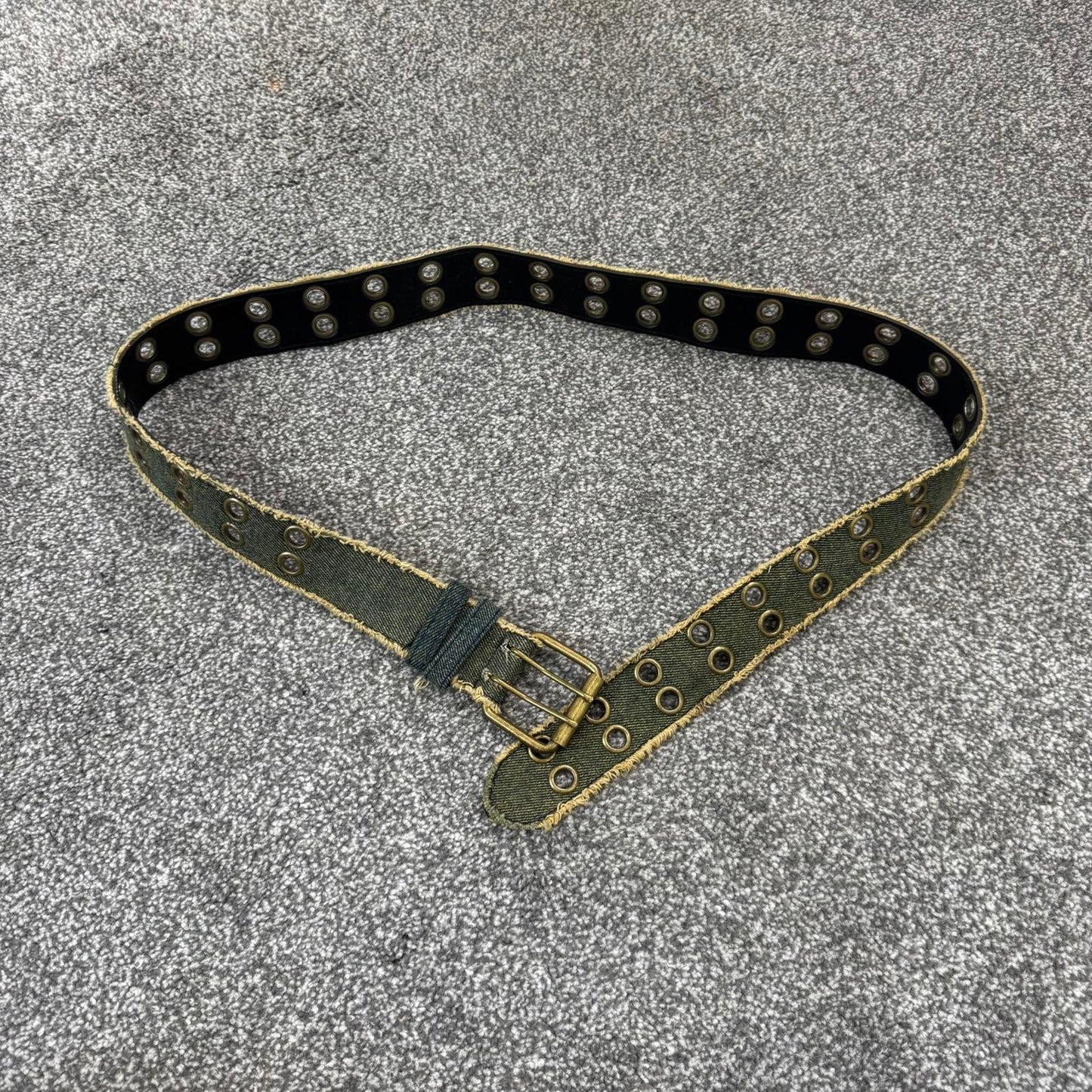 Y2K vintage denim grommet fraying hem belt faux leather lined