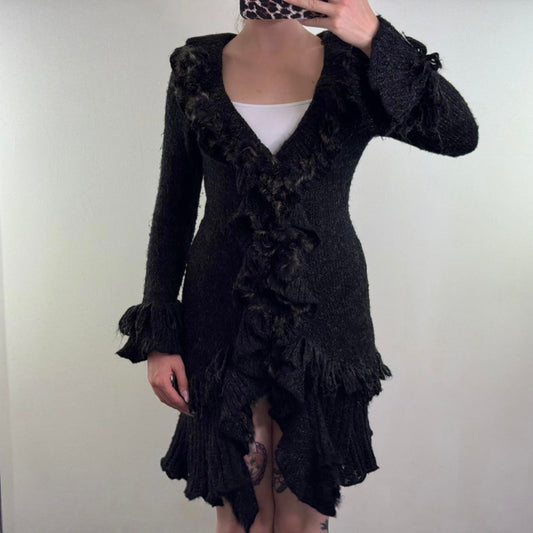 Y2K vintage wool mohair blend cardigan genuine fur ruffle trim long length