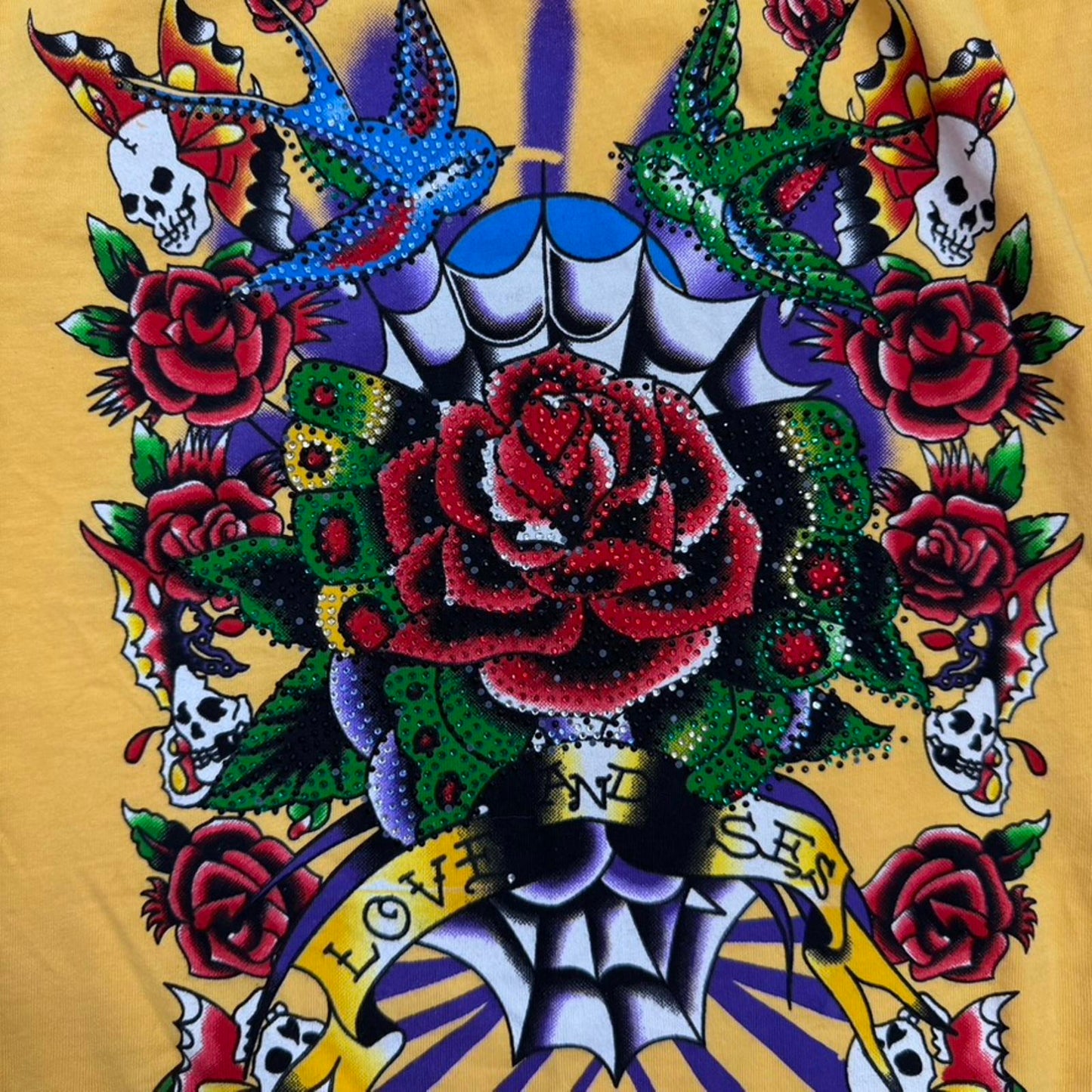 Y2K vintage Ed Hardy rhinestone short sleeve t shirt top yellow red rose graphic