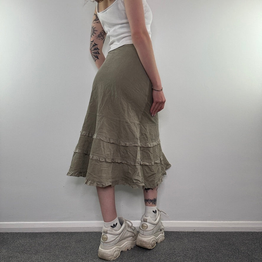 Y2K corduroy frilly tiered midi skirt