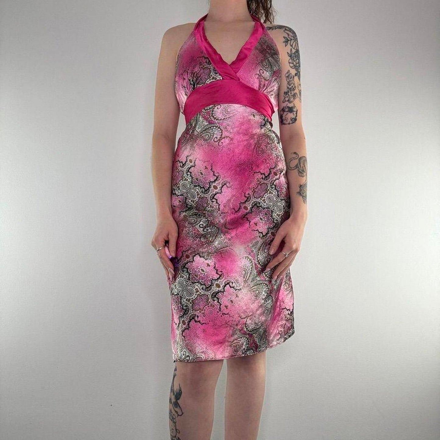 Y2K vintage ombre satin style floaty bow halter neck midi dress lightweight