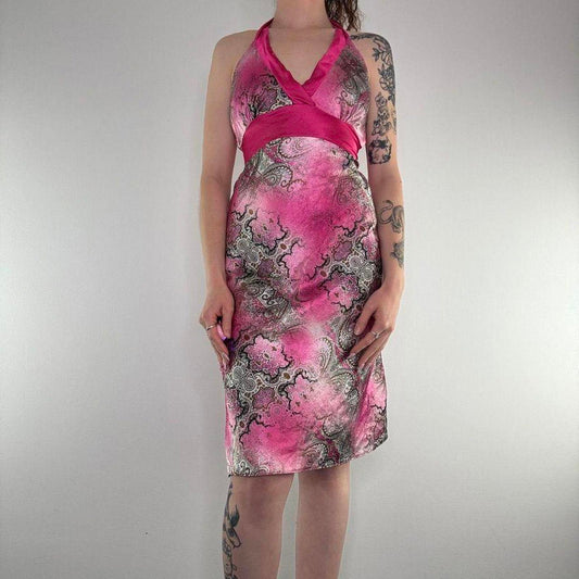 Y2K vintage ombre satin style floaty bow halter neck midi dress lightweight