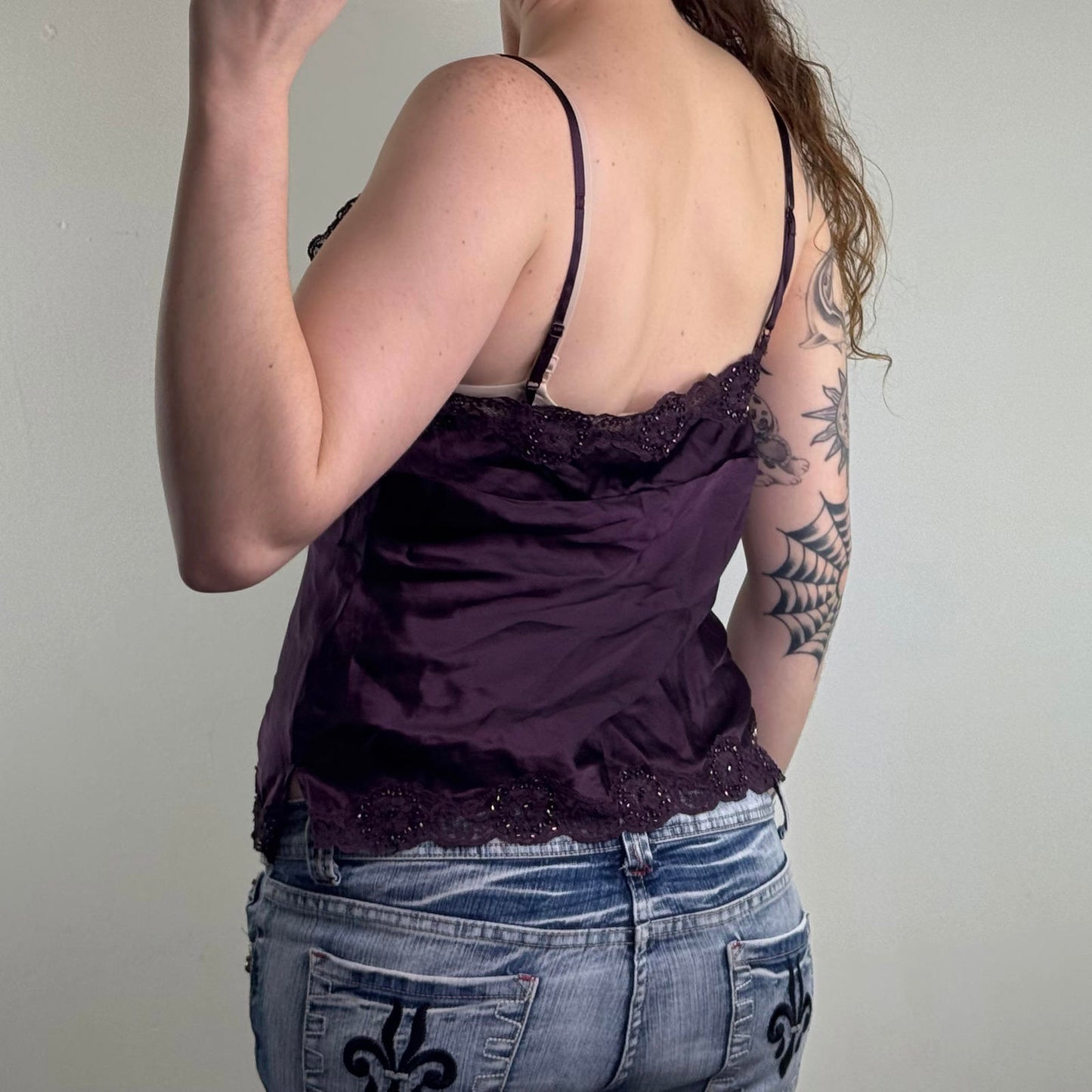 Y2K vintage 100% pure silk cami top beaded embellished lace trim strappy