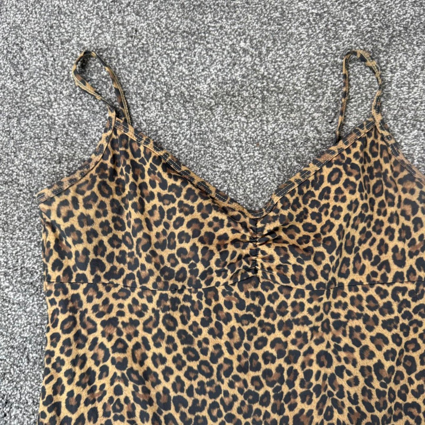 Y2K vintage thick mesh leopard print midi dress strappy v neck bust lightweight