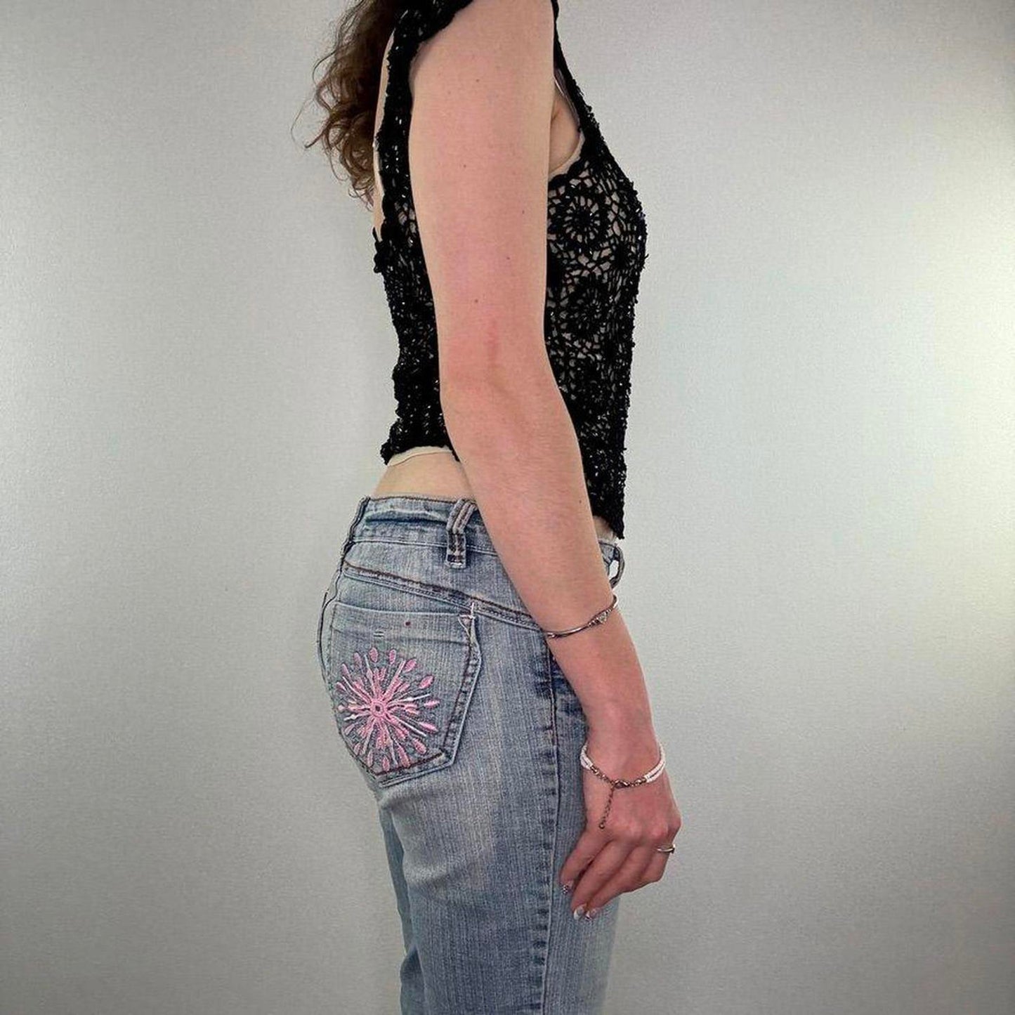 Y2K vintage crochet floral beaded cap sleeve top round deep neckline/ back