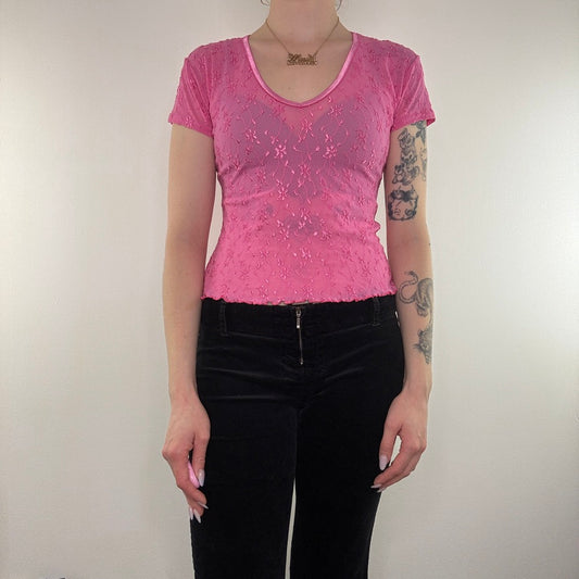 Y2K vintage mesh top sheer floral baby tee v neck lettuce hem