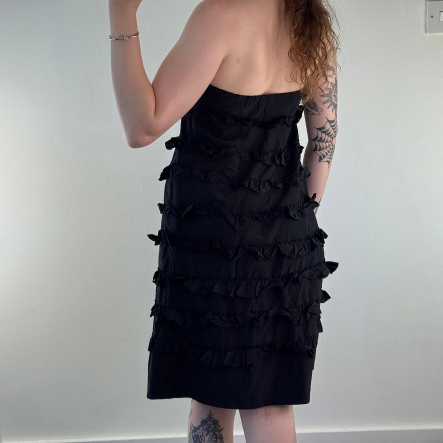 Y2K vintage Gap part silk ruffle strapless midi dress a line tiered black