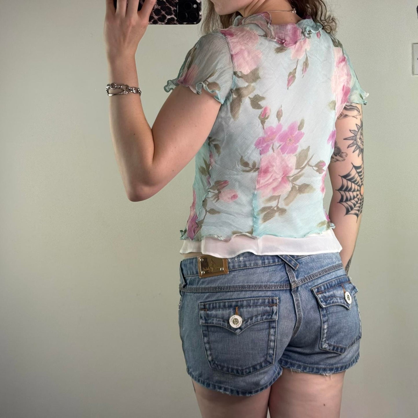 Y2K vintage 100% silk double layered blouse short sleeve blue pink floral rose