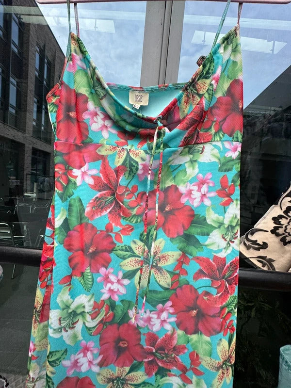 Vintage 2000s mesh mini dress floral hibiscus lilies print